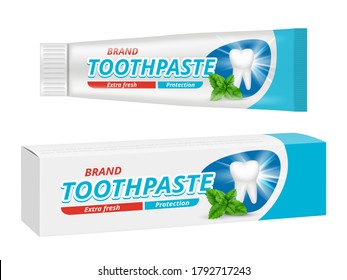 Toothpaste package. Teeth dental protection box label vector design template