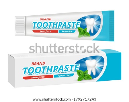 Toothpaste package. Teeth dental protection box label vector design template
