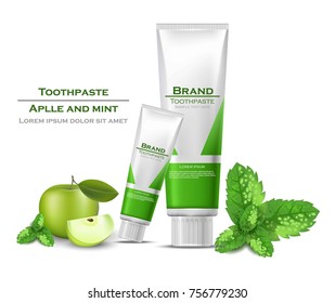 Toothpaste realistic Vector packaging mock up. Green bio products tubes with apple flavor