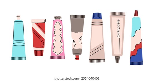 Toothpaste set. Set of oral hygiene products. Different tubes of toothpaste. Teeth cleaning products. Colorful vector collection in a flat style isolated on a white background