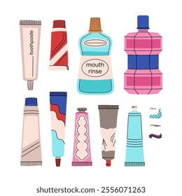 Toothpaste set. Set of oral hygiene products. Different tubes of toothpaste and mouth rinse. Teeth cleaning products. Colorful vector collection in a flat style isolated on a white background