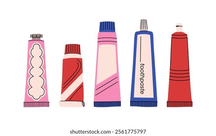 Toothpaste set. Set of oral hygiene products. Different tubes of toothpaste. Teeth cleaning products. Colorful vector collection in a flat style isolated on a white background