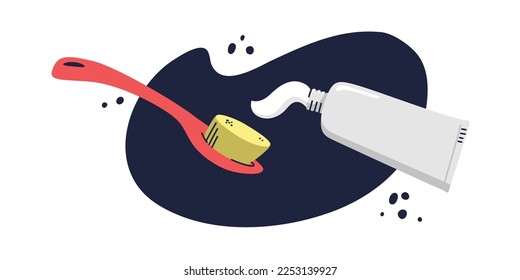 Toothpaste is squeezed out of the tube onto the toothbrush. Daily oral care. Cleaning teeth with cosmetics. Isolated vector illustration in a flat cartoon style.