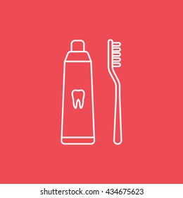 Toothpaste and Tooth Brush Line Icon On Red Background