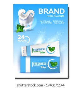 Toothpaste Tooth Protection Promo Poster Vector. Freshness Mint Toothpaste Blank Container And Box, Tooth And Herbal Leaves Creative Advertising Marketing Banner. Colored Concept Layout Illustration