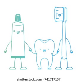 toothpaste and tooth and toothbrush in cartoon holding hands in degraded green to blue color contour vector illustration