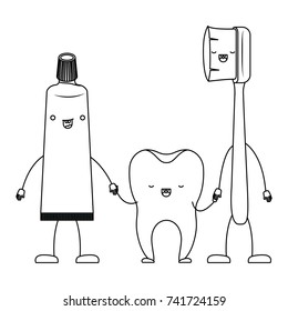 toothpaste and tooth and toothbrush in cartoon holding hands in monochrome silhouette vector illustration