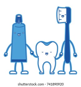 toothpaste and tooth and toothbrush in cartoon holding hands in blue silhouette vector illustration