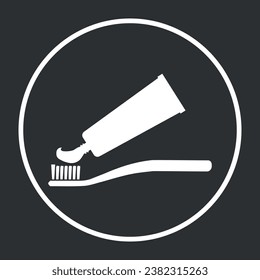 Toothpaste and toothbrush. Badge. Vector on gray background