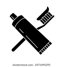 Toothpaste and Toothbrush black icon. Dental hygiene vector illustration isolated. Teeth care silhouette.