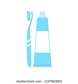 Toothpaste and toothbrush in blue and white colors, vector flat illustration