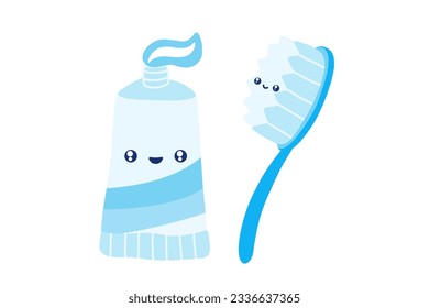Toothpaste and Toothbrush character. Cute cartoon tooth brush character. Oral hygiene. Stock vector illustration on a white background.