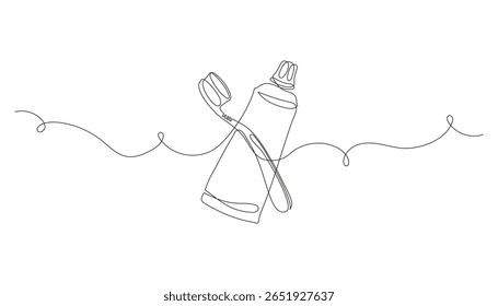 Toothpaste and toothbrush continuous one line drawing. Minimalist vector illustration of oral care essentials. Hand-drawn doodle style. Ideal for dental hygiene, health campaigns
