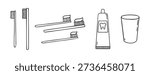 Toothpaste, toothbrush, dental cleaning equipment doodle hand drawn icon. Outline drawing toothpaste, toothbrush, line clipart symbol. Vector illustration