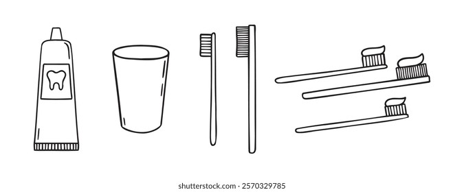 Toothpaste, toothbrush, dental cleaning equipment doodle hand drawn icon. Outline drawing toothpaste, toothbrush, line clipart symbol. Vector illustration