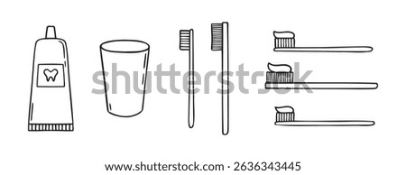 Toothpaste, toothbrush, dental cleaning equipment doodle hand drawn icon. Outline drawing toothpaste, toothbrush, line clipart symbol. Vector illustration