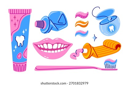 Toothpaste, toothbrush, dental floss and smiling teeth. Trendy colorful hand drawn set. Oral hygiene, morning routine. Vector isolared illustration.