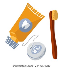 Toothpaste, toothbrush, dental floss. Vector illustration of dental care tools. Wooden toothbrush, yellow toothpaste, dental floss. A flat hand-drawn illustration. Isolated objects on a white