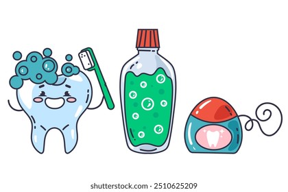Toothpaste toothbrush dental mouthwash dental health abstract concept set. Vector graphic design illustration element