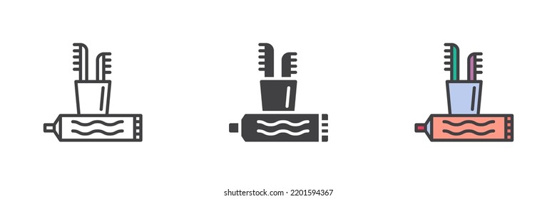 Toothpaste and toothbrush different style icon set. Line, glyph and filled outline colorful version, outline and filled vector sign. Symbol, logo illustration. Vector graphics