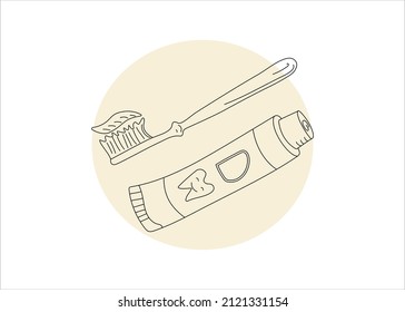 Pasta dental y cepillo de dientes en estilo doodle. Atención dental. Odontología, higiene y productos de salud dental. Ilustración vectorial.