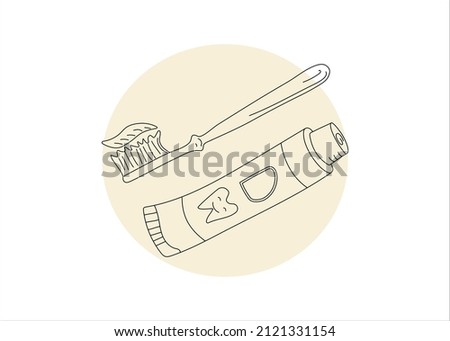 Toothpaste and toothbrush in doodle style. Dental care. Dentistry, hygiene and dental health products. Vector illustration.