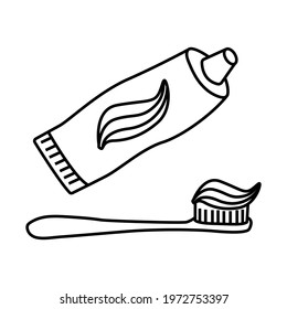 Toothpaste and toothbrush, doodle. Vector illustration. Doodle style hand-drawn by an outline.