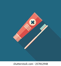 Toothpaste and toothbrush flat square icon with long shadows. 
