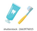 Toothpaste and toothbrush. Flat vector clipart, illustration with isolated background.