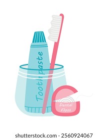 Toothpaste, toothbrush in a glass. Vector illustration of home oral care elements.