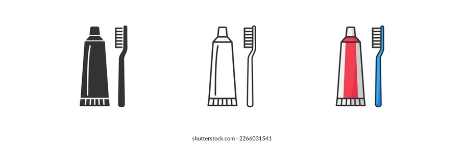 Toothpaste and toothbrush icon on light background. Dentist symbol. Oral cleaning, night, toothcare. Travel equipment concept. Outline, flat and colored style. Flat design. 