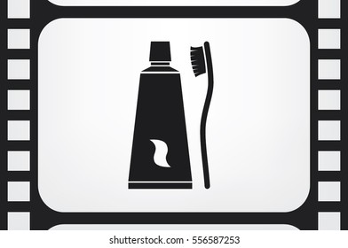 Toothpaste and toothbrush icon vector illustration eps10. Isolated badge for website or app - stock infographics