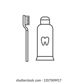 Toothpaste and Toothbrush Line Icon. Toothpaste and Toothbrush Line Related Vector Line Icon. Isolated on White Background. Editable Stroke.