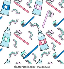 Toothpaste Toothbrush Pattern Cartoon Vector Repeat Seamless Tile For Personal Hygiene And Oral Health Dentist Theme Hand Drawn Doodle Childish Flat Style Pink Blue Mint Colors On White Background