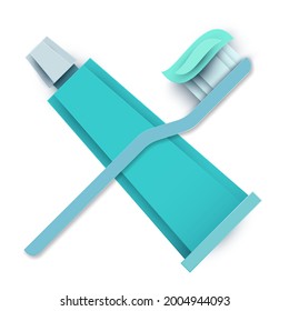 Toothpaste and toothbrush silhouette in modern creative style. Minimalistic design concept. Healthcare medical composition art element. Paper cut layer vector illustration.