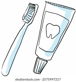 toothpaste and toothbrush simple doodle illustration isolated on a white background