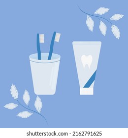 Pasta dental y cepillo de dientes. Cepillos de dientes en un vaso. Pasta dentífrica de menta. Cuidado con cepillos de dientes. Odontología. Ilustración del vector