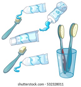 toothpaste and toothbrush vector cartoon illustration clipart set.