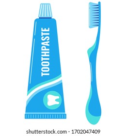 Toothpaste and toothbrush vector icon set isolated on white background. Flat design cartoon style dental care signs for web design. Bathroom personal hygiene icons.