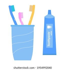 Pasta dental y cepillos de dientes en un vaso. Estilo plano. Ilustración vectorial sobre fondo blanco aislado.