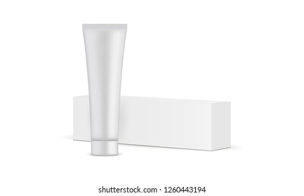 Toothpaste Tube And Cardboard Box Mockup Isolated On White Background. Vector Illustration