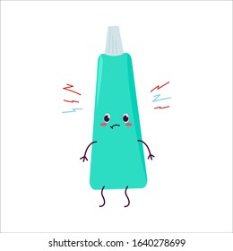 Toothpaste in a tube. Cute cartoon character angry or impatient. Caricature, animation. Vector graphics. For advertising, children's decor, packaging, brochure