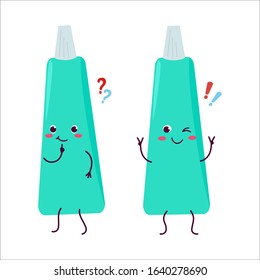 Toothpaste in a tube. Cute cartoon characters one with a question the other with an idea, joyful. Caricature, animation. Vector graphics. For advertising, children's decor, packaging, brochures
