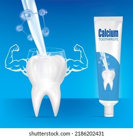 Toothpaste tube design with tooth and calcium on abstract blue background, vector template.illustration vector