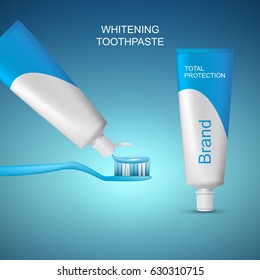 Toothpaste tube design with toothbrush on abstract blue background, vector template