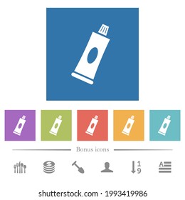 Toothpaste tube flat white icons in square backgrounds. 6 bonus icons included.
