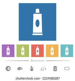 Toothpaste tube flat white icons in square backgrounds. 6 bonus icons included.