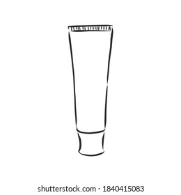 Icono del doodle dibujado a mano con tubo de pasta dental. Higiene, cuidado dental diario, concepto médico de cosméticos dentales. tubo de pasta de dientes, ilustración de esbozo vectorial