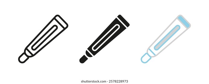 Toothpaste tube icon. Cosmetic lotion vector illustration. Balm gel symbol. Cream balsam sign. Ointment paste pictogram. Cosmetic product concept isolated outline, line, black and colored.