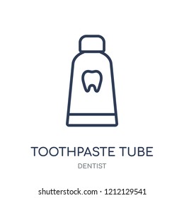 Toothpaste tube icon. Toothpaste tube linear symbol design from Dentist collection. Simple outline element vector illustration on white background.